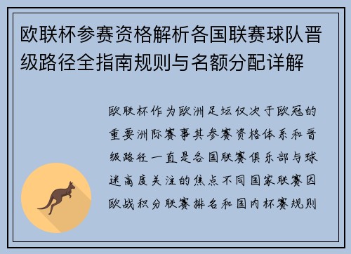 欧联杯参赛资格解析各国联赛球队晋级路径全指南规则与名额分配详解